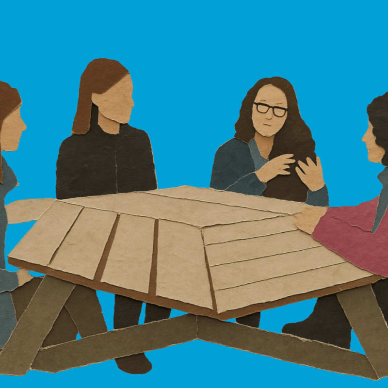 Four people sit around a picnic table in the foreground, against a solid blue background.