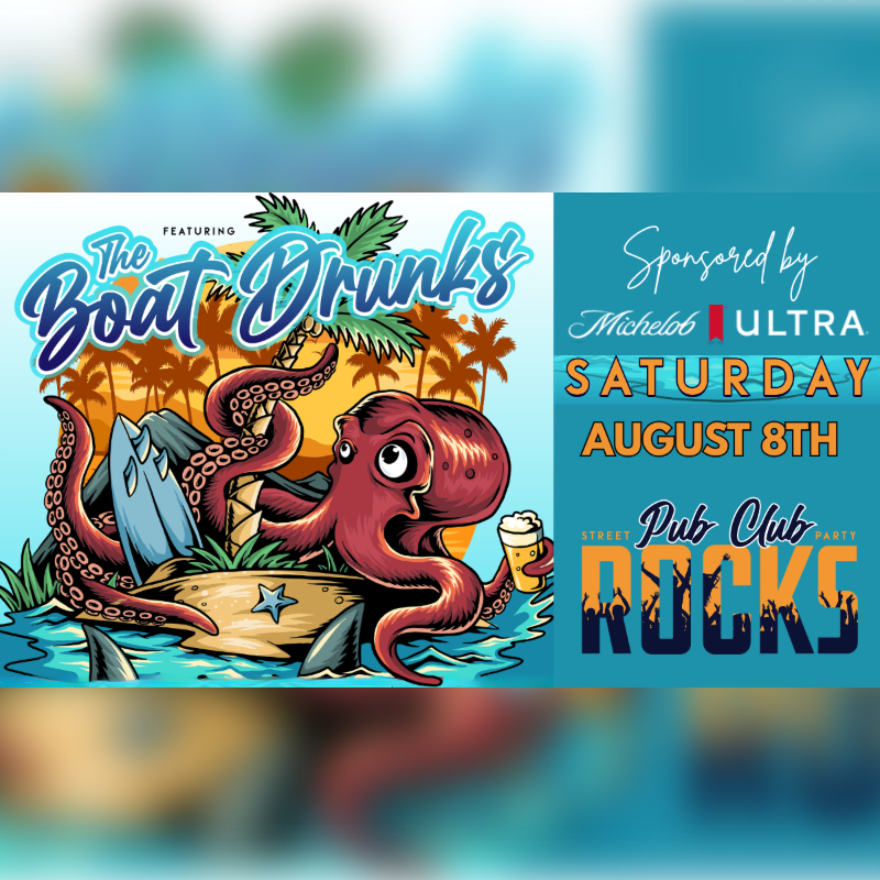 A cartoon octopus with a beer in its tentacle sits on a tropical island with palm trees and a surfboard in the foreground, while the background advertises a "Street Pub Club Party" on Saturday, August 8th, sponsored by Michelob Ultra.