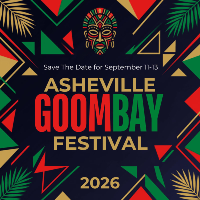 A stylized African mask and geometric shapes in red, green, and gold adorn the background of a dark blue poster announcing the Asheville Goombay Festival in 2026.