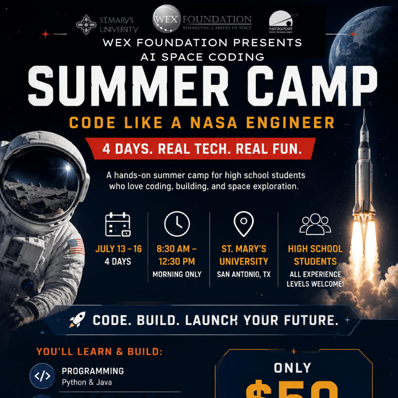 An astronaut in the foreground stands against a background of a rocket launching into space, advertising an AI Space Coding Summer Camp.