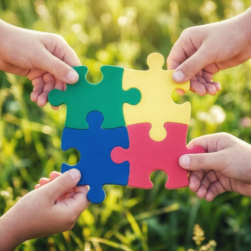 Hands connecting colorful puzzle pieces outdoors