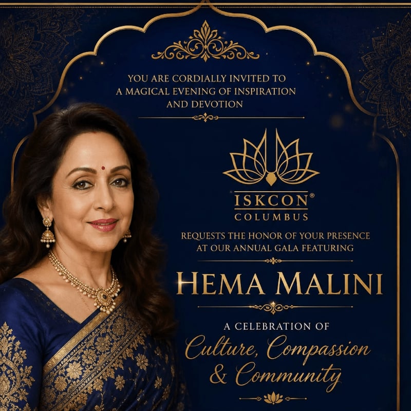 A smiling woman in a blue sari is featured in the foreground against a dark blue, ornate background with event details.