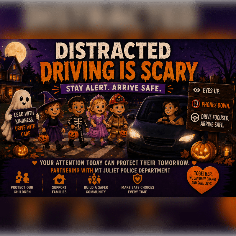 Four children in Halloween costumes walk towards a car in the foreground, while a spooky, moonlit Halloween scene with houses and bats forms the background.