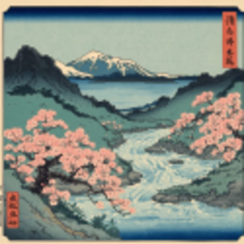 Pink cherry blossoms frame a rushing river in the foreground, leading to a serene lake with a snow-capped mountain in the background.