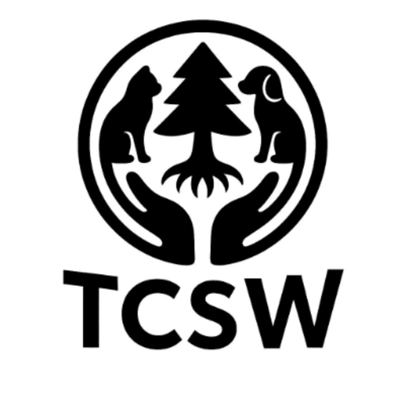 A black and white logo features a circular emblem with a tree, a cat, a dog, and hands, set against a white background, with the letters "TCSW" below.
