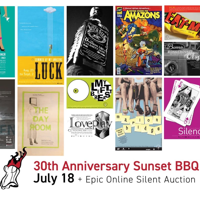 A collage of various posters and album covers fills the frame, with a banner announcing a "30th Anniversary Sunset BBQ" at the bottom.