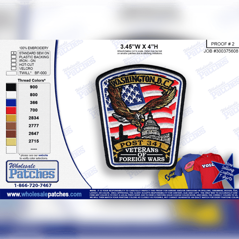 A patch featuring an eagle, the American flag, and the Capitol building is displayed in the foreground, with colorful t-shirts and website information in the background.