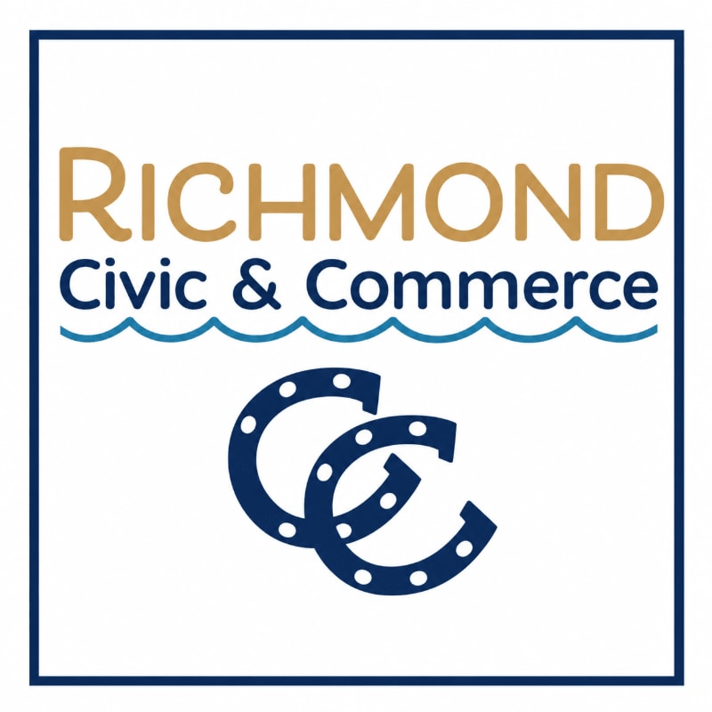 Two dark blue horseshoe shapes form a "CC" in the foreground, with "RICHMOND Civic & Commerce" written in gold and blue text above wavy blue lines, all set against a white background within a navy blue border.