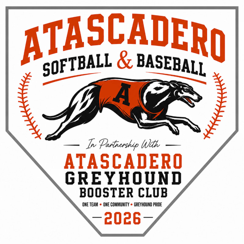 A greyhound wearing a jersey with an "A" runs across a baseball home plate graphic, with "ATASCADERO SOFTBALL & BASEBALL" and "ATASCADERO GREYHOUND BOOSTER CLUB" text in the background.