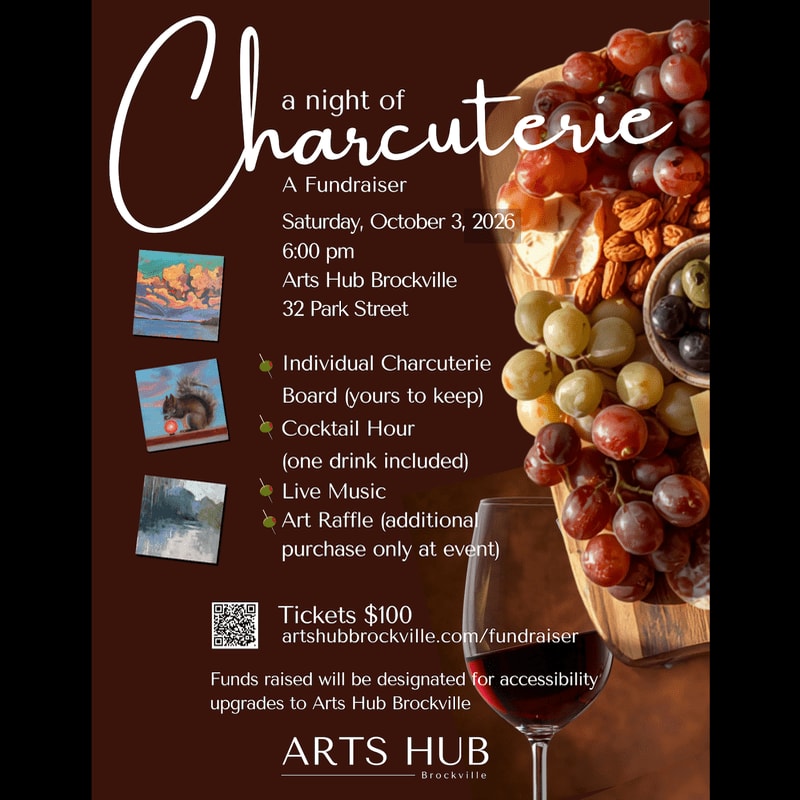 A fundraiser for Arts Hub Brockville features a charcuterie board with grapes and cheese in the foreground and event details on a dark brown background.