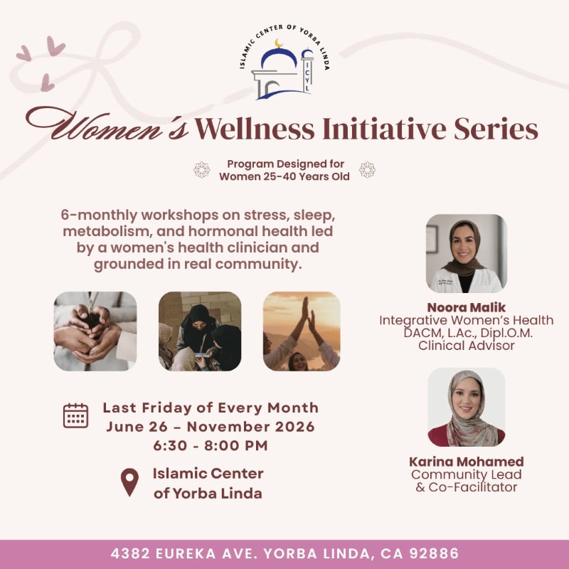 A pastel-colored flyer announces a "Women's Wellness Initiative Series" with images of hands, people meditating, and hands raised in the foreground, and text detailing the program, speakers, and location in the background.