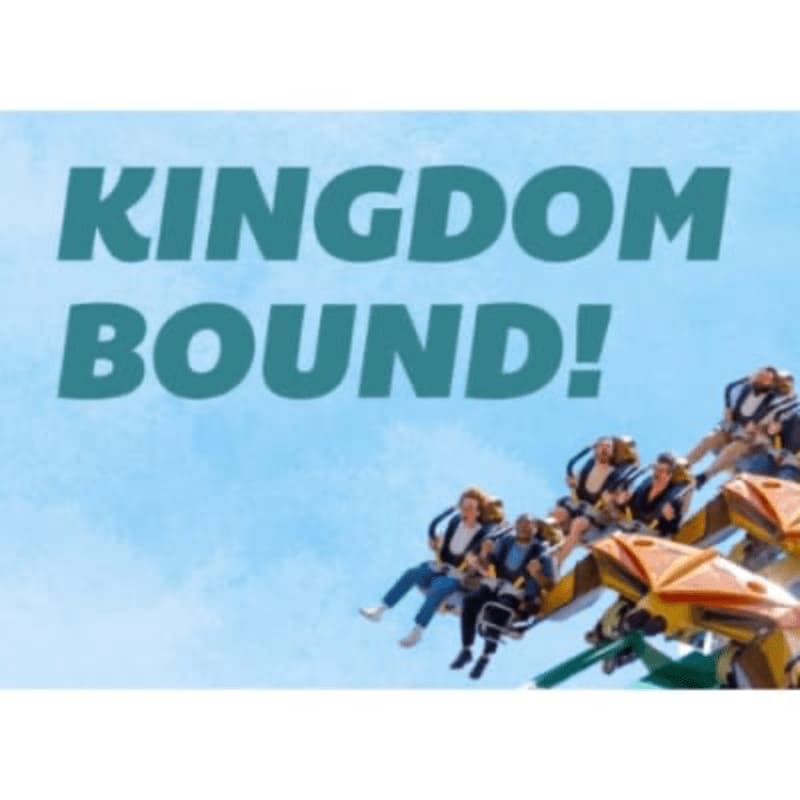 People on a thrilling amusement park ride are suspended against a bright blue sky with the words "KINGDOM BOUND!" emblazoned above.