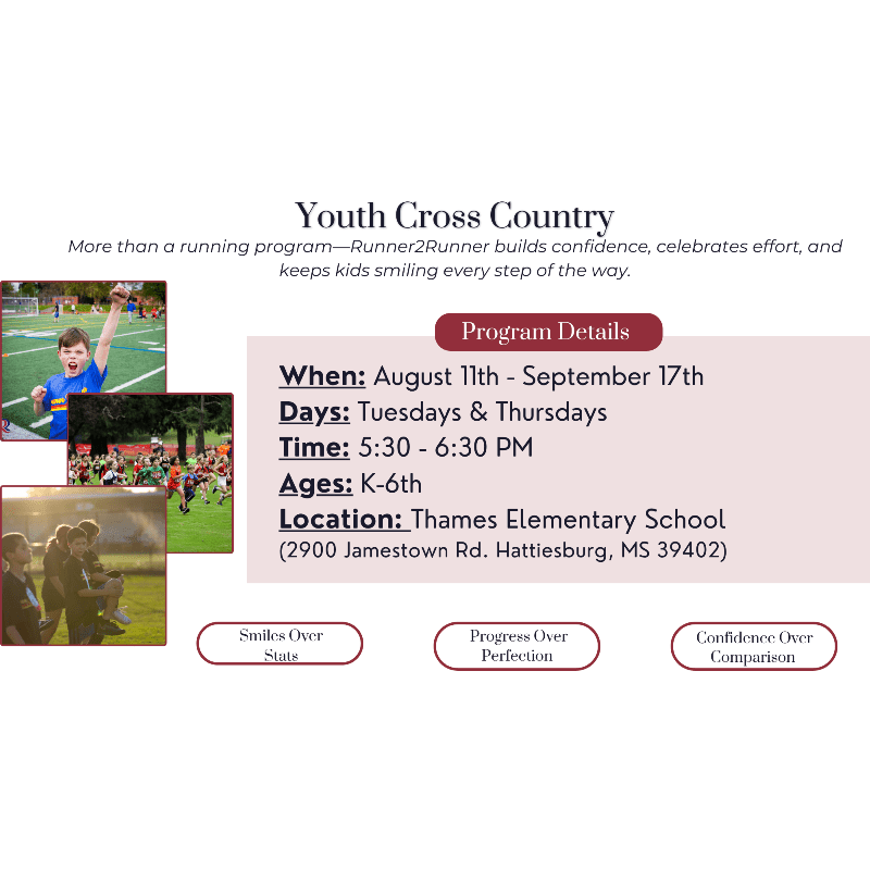 A flyer for a youth cross country program features program details and three images of children running and celebrating in the foreground, with a white background.