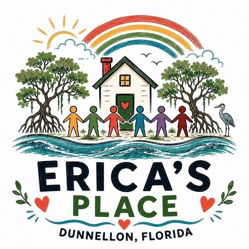 A diverse group of people hold hands in front of a house with a rainbow overhead, while trees and a heron stand by the water, all under the name "ERICA'S PLACE DUNNELLON, FLORIDA."