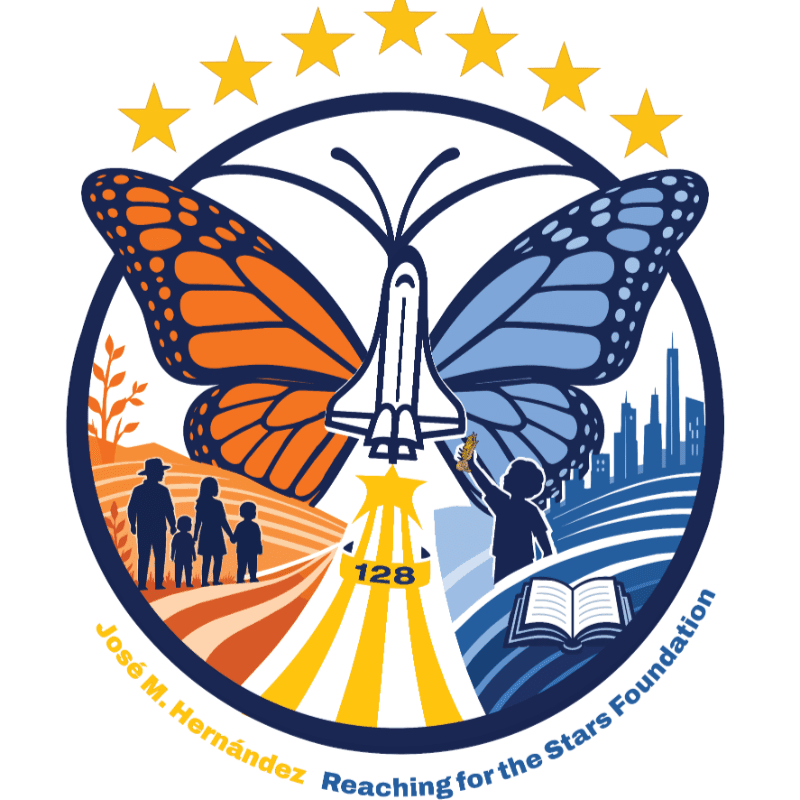 A monarch butterfly's wings, one orange and one blue, form the backdrop for a space shuttle and a child reaching for stars, with a family in a field on the left and a cityscape on the right.