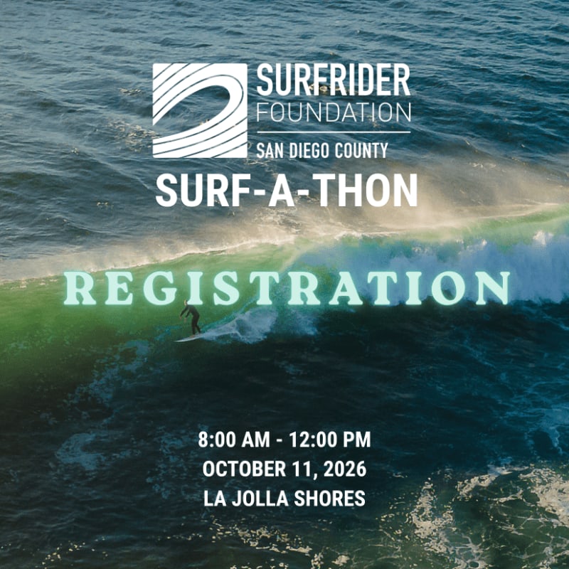 A surfer rides a wave in the foreground, with the Surfrider Foundation San Diego County Surf-A-Thon registration details overlaid on the ocean background.