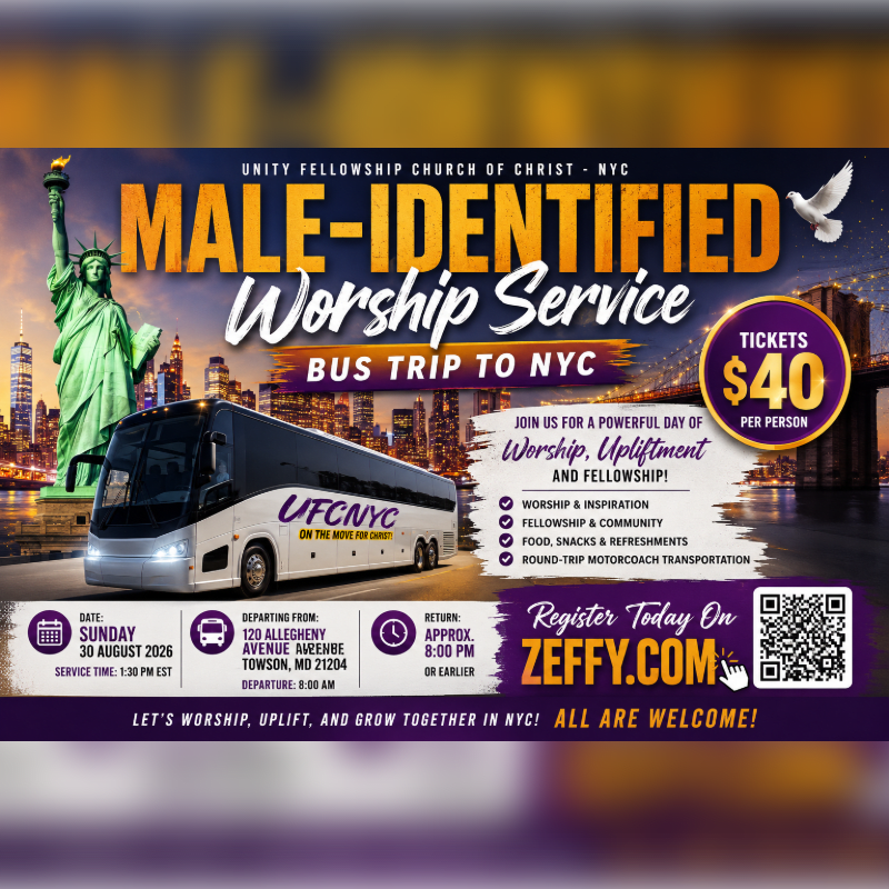 A bus trip to a male-identified worship service in NYC is advertised with the Statue of Liberty and New York City skyline in the background.