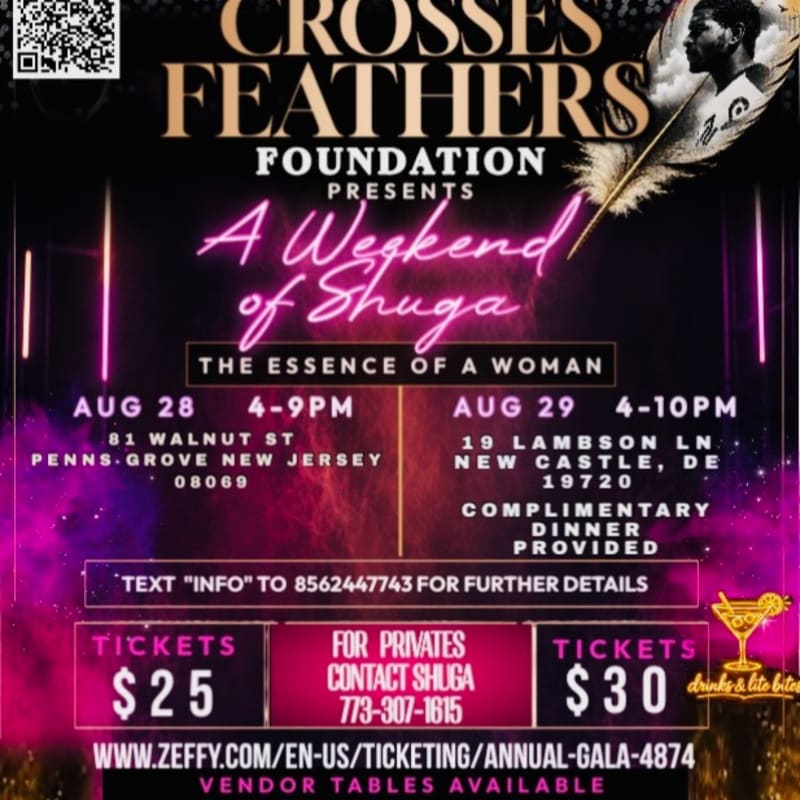 A flyer for "A Weekend of Shuga" by the Crosses Feathers Foundation is displayed with event details and ticket prices in the foreground, against a dark background with glowing pink and purple lights and a feather graphic.