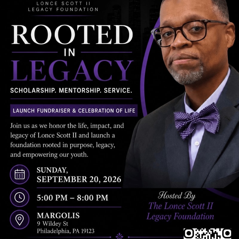 A man in a suit and bowtie is featured on the right side of a flyer announcing a fundraiser and celebration of life for the Lonce Scott II Legacy Foundation, with event details listed on the left.