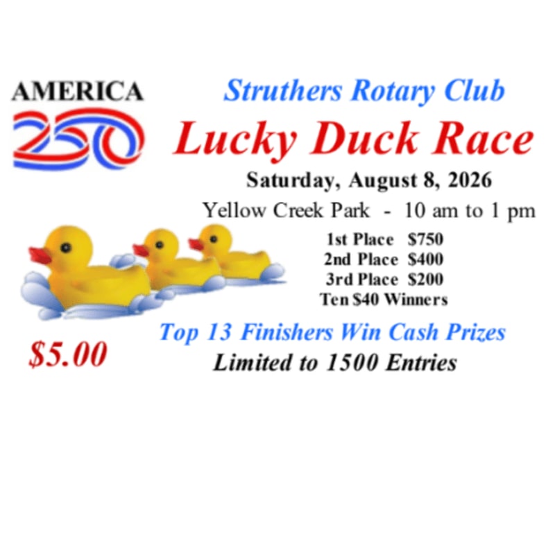 Three yellow rubber ducks float in blue water in the foreground, with event details for the Struthers Rotary Club Lucky Duck Race on a white background in the background.