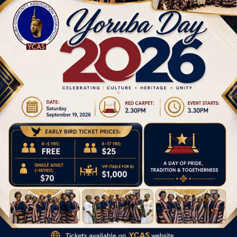A group of women in traditional attire stands in the foreground, while the background features event details for "Yoruba Day 2026" with ticket prices and timings.