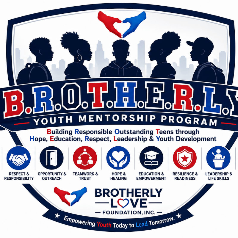 Silhouetted youths stand behind the bold "B.R.O.T.H.E.R.L.Y. YOUTH MENTORSHIP PROGRAM" text, with a foundation logo and program pillars at the bottom.