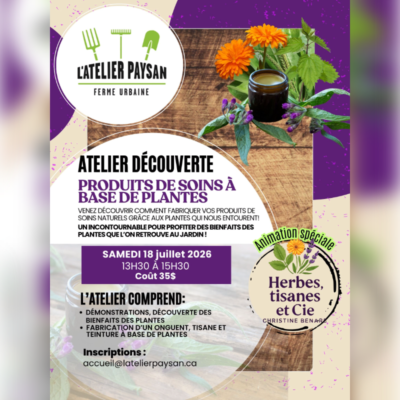 A flyer advertises a workshop on plant-based skincare products, featuring a rustic background with gardening tools and fresh herbs.