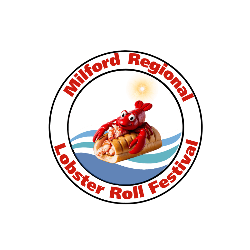 A cartoon lobster sits atop a lobster roll on blue waves, all within a circular logo that reads "Milford Regional Lobster Roll Festival" against a white background.