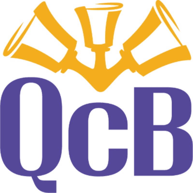 Three yellow trumpets are positioned above the large purple letters "Qc B" on a white background.