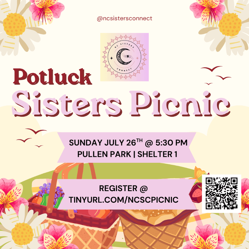 A potluck sisters picnic is advertised with floral borders, a picnic basket in the foreground, and a park setting in the background.