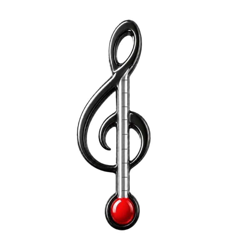 A treble clef merges with a thermometer, its red bulb indicating a high temperature against a white background.