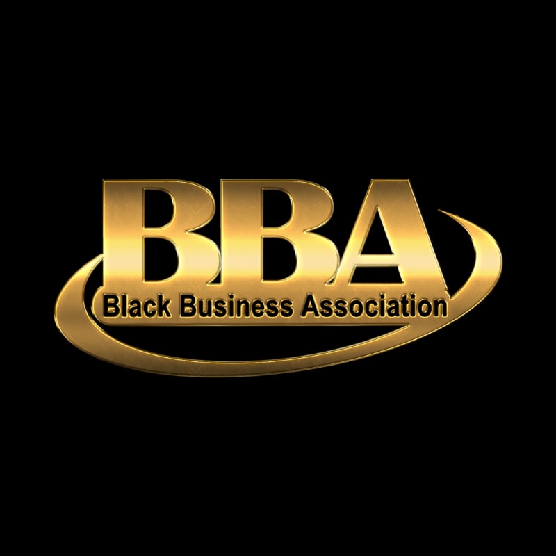 Golden letters spelling "BBA" with "Black Business Association" below them are set against a black background with a golden oval shape behind the text.