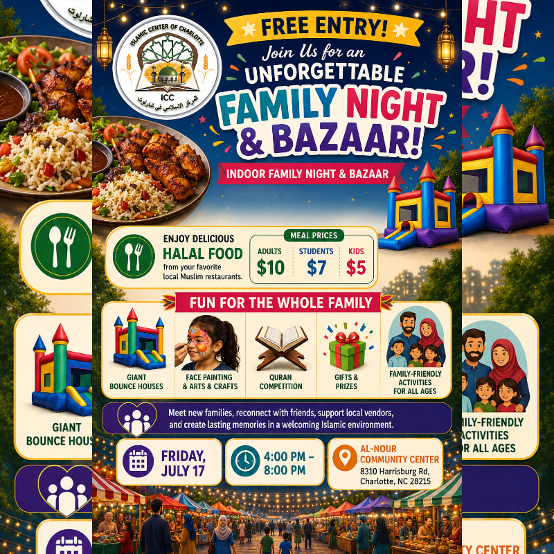 A vibrant flyer advertises a free family night and bazaar with bouncy castles and food in the foreground, and a colorful illustration of a mosque and event details in the background.