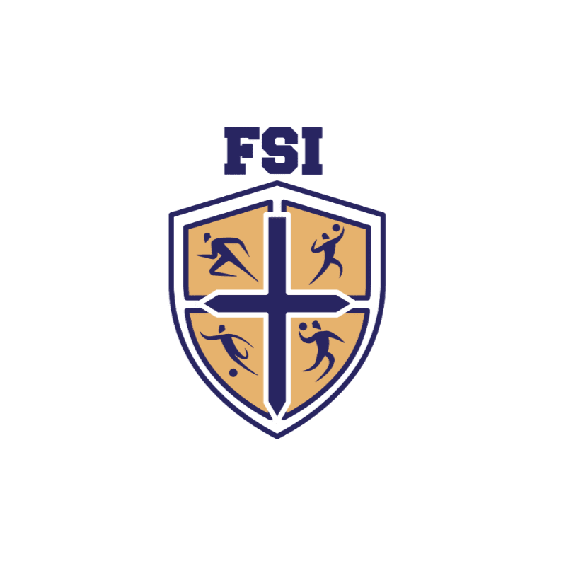 A blue and gold shield with four quadrants depicting athletes in motion is centered on a white background, with "FSI" in blue lettering above it.