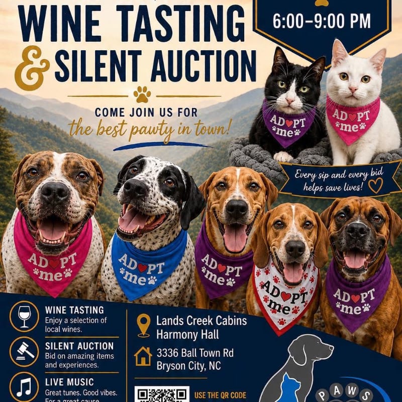 A group of dogs and cats wearing "Adopt Me" bandanas are featured in the foreground, with a scenic mountain landscape in the background, advertising a wine tasting and silent auction event.