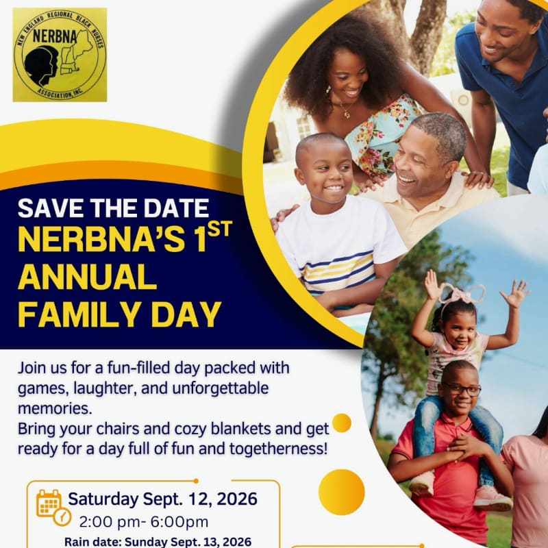 A flyer announces NERBNA's 1st Annual Family Day with a background image of happy families enjoying an outdoor gathering.