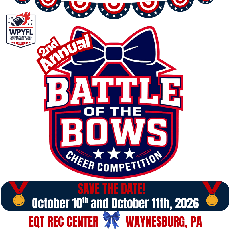 A graphic advertises the 2nd Annual Battle of the Bows Cheer Competition on October 10th and 11th, 2026, at the EQT Rec Center in Waynesburg, PA, with a large red, white, and blue bow and patriotic bunting in the background.