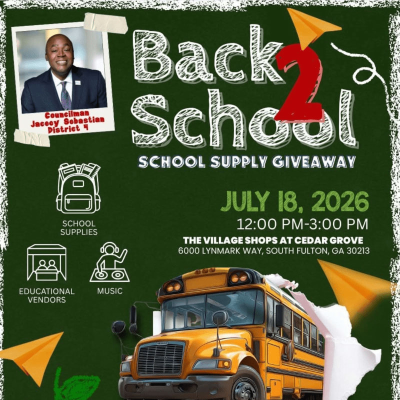 A bright yellow school bus is featured in the foreground of a flyer announcing a back-to-school supply giveaway, with a portrait of Councilman Jacocy Sebastian and various school-related icons in the background.