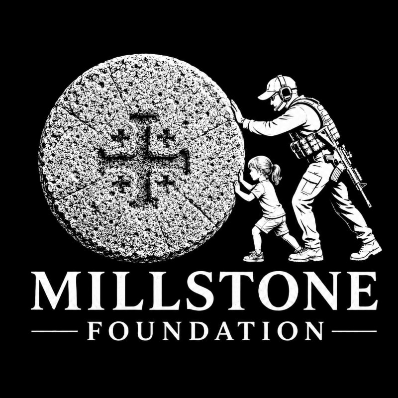A soldier and a child push a large millstone with a cross emblem, with the "MILLSTONE FOUNDATION" text below.
