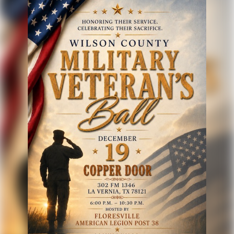 A silhouetted soldier salutes in the foreground against a backdrop of an American flag and event details for the Wilson County Military Veteran's Ball.