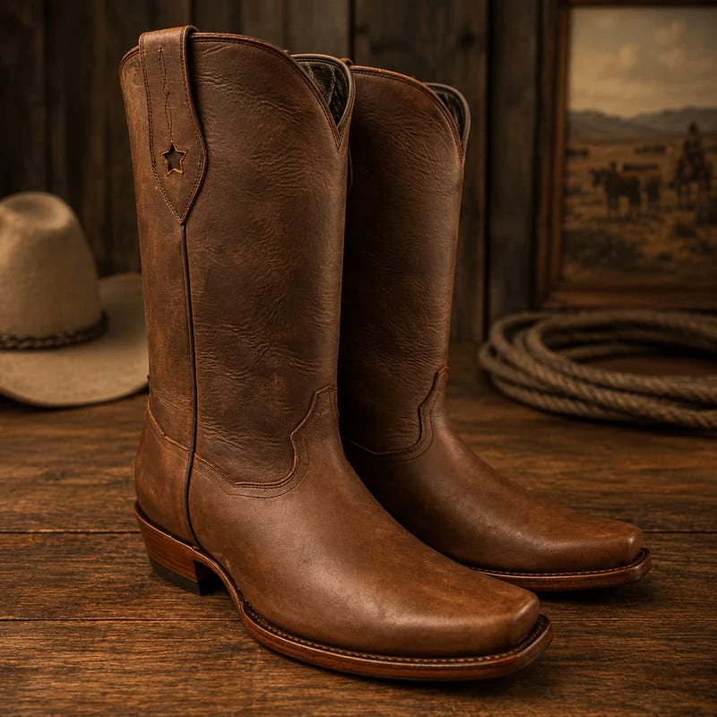 A pair of brown leather cowboy boots rests on a wooden surface in the foreground, with a cowboy hat, lasso, and framed Western art in the rustic background.