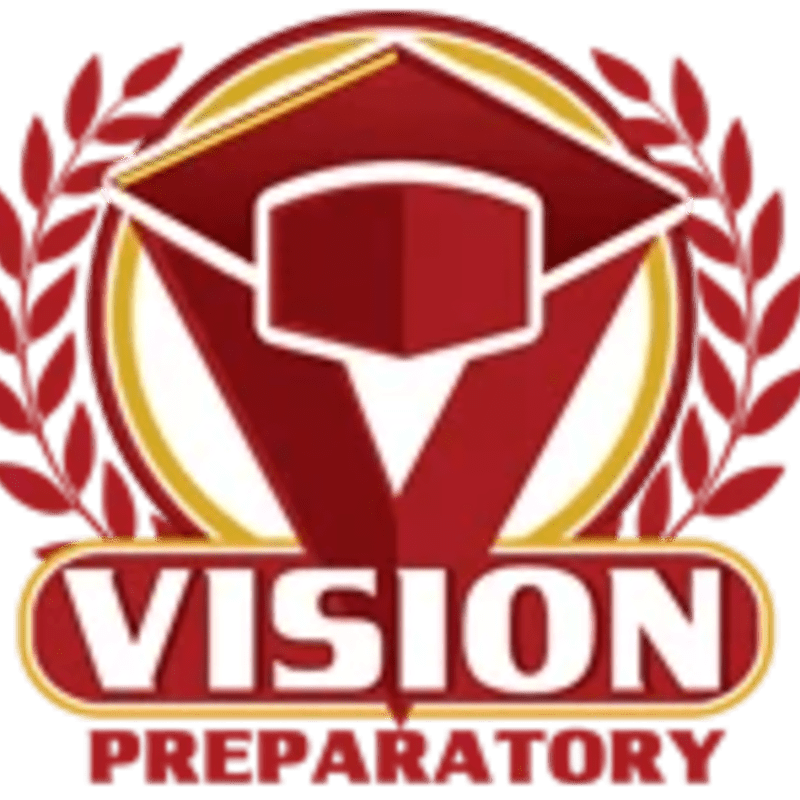 A red and gold graduation cap with laurel branches frames the "VISION PREPARATORY" text in the foreground, set against a white background.