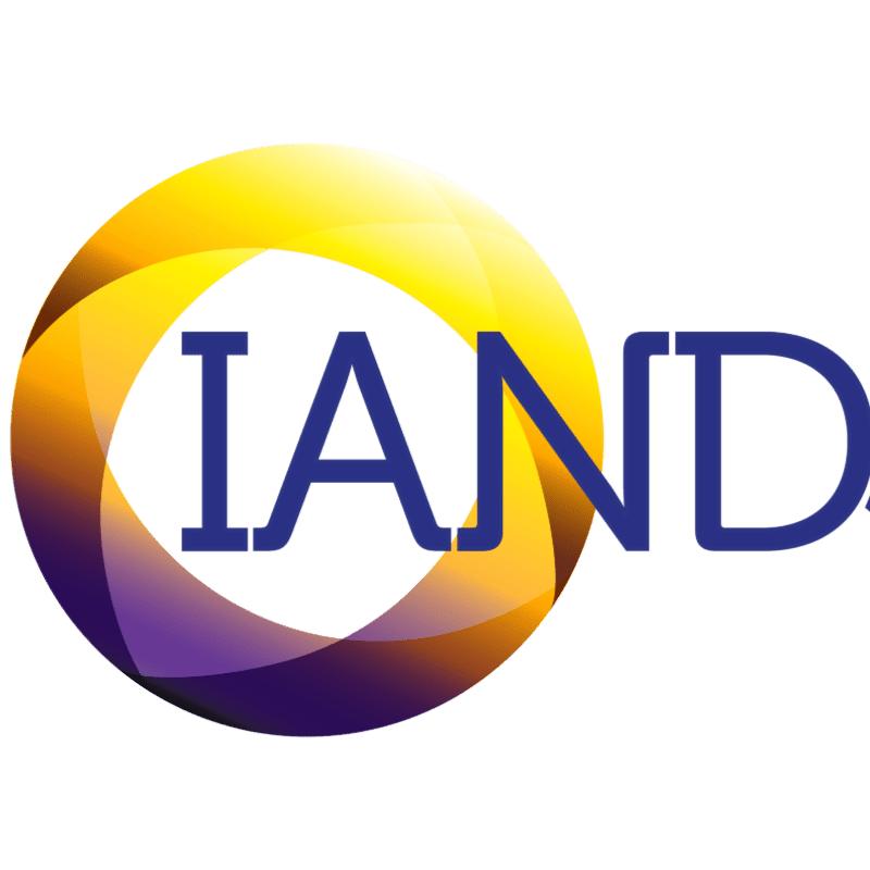 A circular, swirling gradient of yellow and purple forms the background for the bold blue letters "IAND" in the foreground.