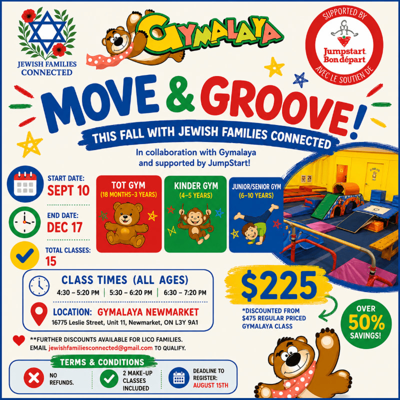 A colorful flyer advertises a "Move & Groove!" fall program for children, featuring cartoon bears and monkeys in the foreground, with a gym setting in the background.