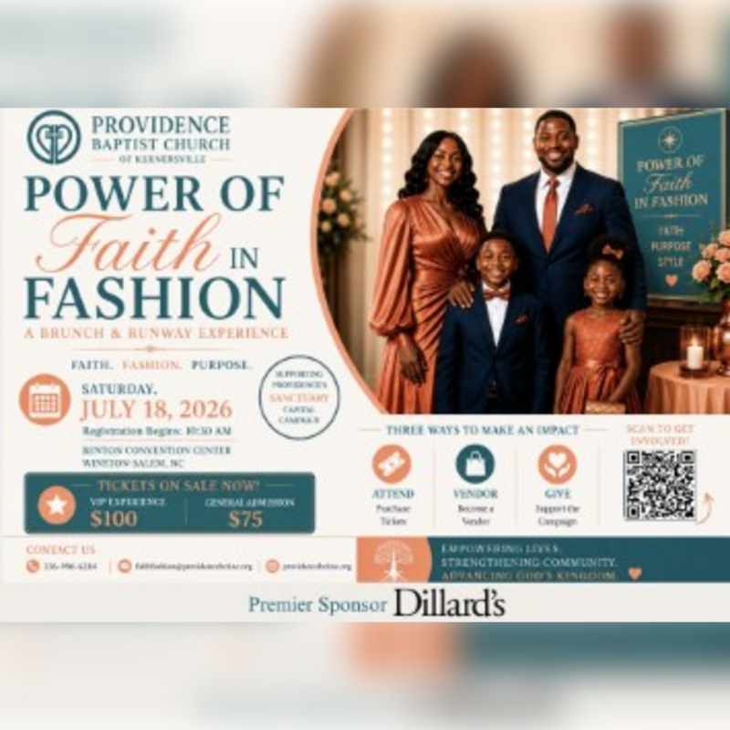A family poses in fashionable attire in front of a flyer for a "Power of Faith in Fashion" event, with event details and sponsor logos visible in the background.