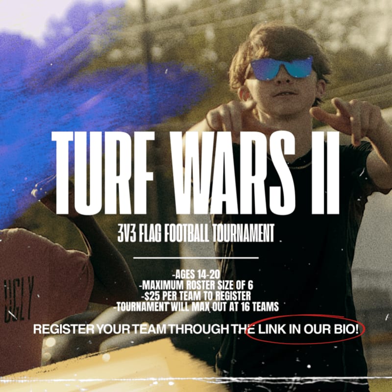 A young man in sunglasses poses in the foreground with a blurred background of trees and a field, advertising a "Turf Wars II" 3v3 flag football tournament.