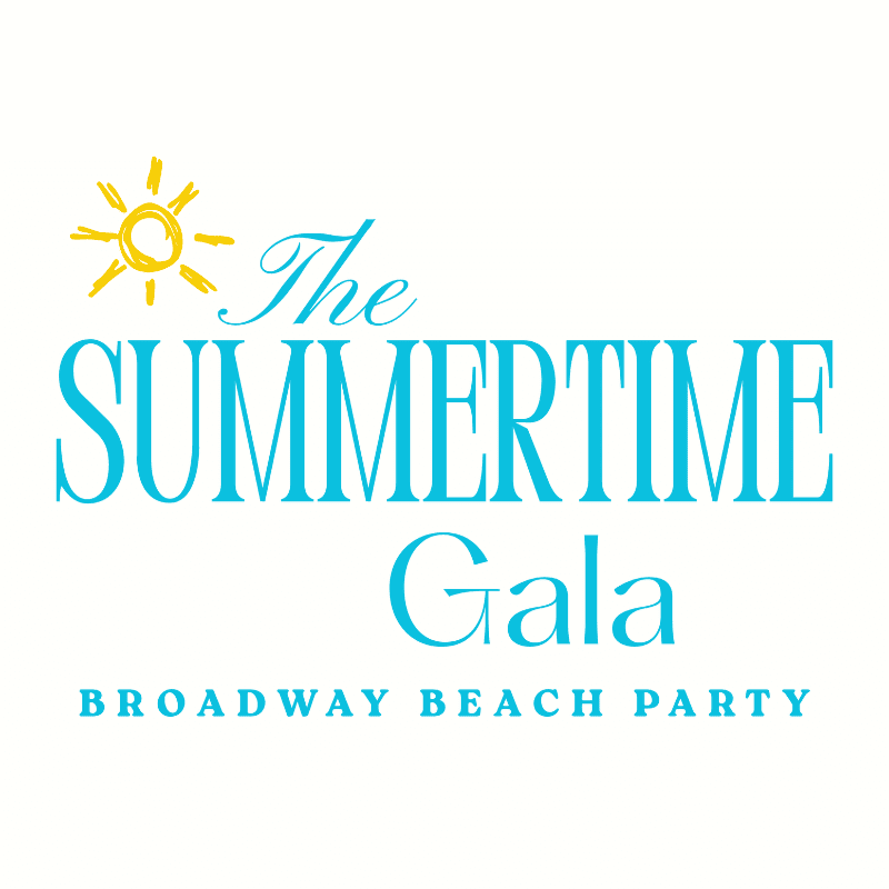 A yellow sun with rays shines above the turquoise text "The Summertime Gala" with "BROADWAY BEACH PARTY" written below it on a white background.