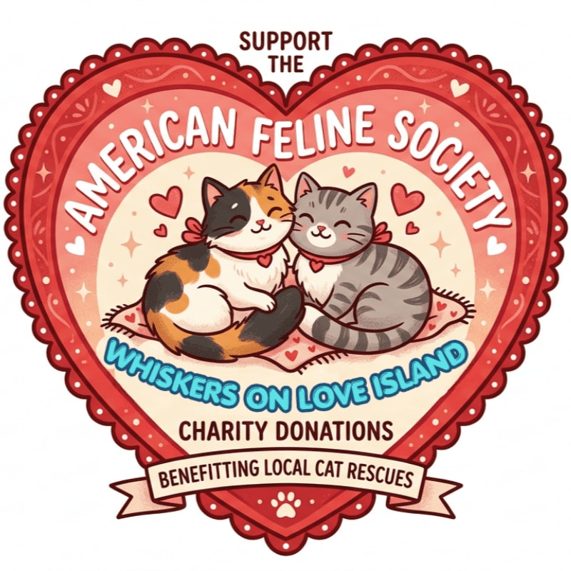 Two cartoon cats, one calico and one tabby, cuddle on a pillow within a large red heart that reads "American Feline Society" and "Whiskers on Love Island," with text below indicating "Charity Donations Benefitting Local Cat Rescues."