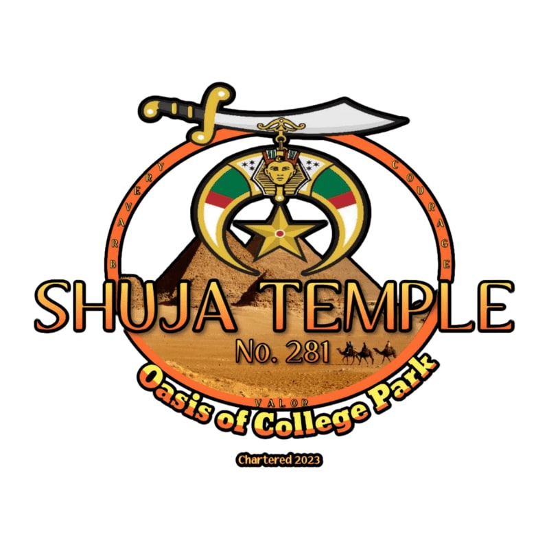 A stylized pyramid with a crescent moon and star emblem sits behind the text "SHUJA TEMPLE No. 281 Oasis of College Park" in the foreground, all enclosed within a circular border.