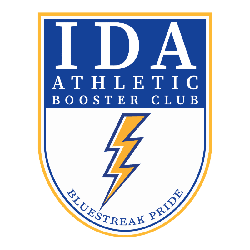 A blue and white shield with yellow trim features the text "IDA ATHLETIC BOOSTER CLUB" at the top, a yellow lightning bolt in the center, and "BLUESTREAK PRIDE" curved along the bottom.